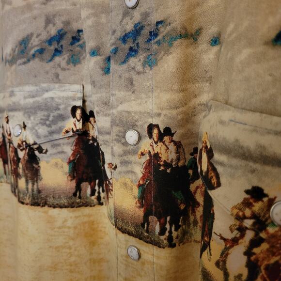 Western Cowboy Print Snap Button Shirt Panhandle Slim XL Beige Cotton Vintage - Picture 3 of 9